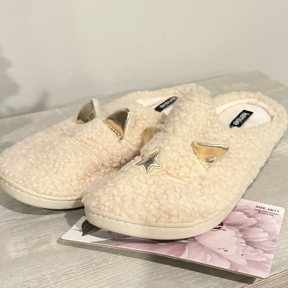 Women's Kensie Faux Shearling Cat Slipper Ivory--Gold  Size: 10-11 New